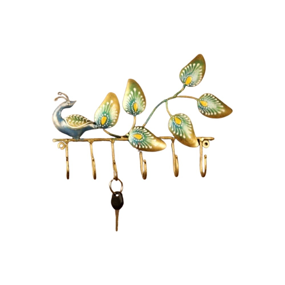 Iron Key Holder with 6 Hooks Peacock Shape Key Stand Wall Hanging Showpiece